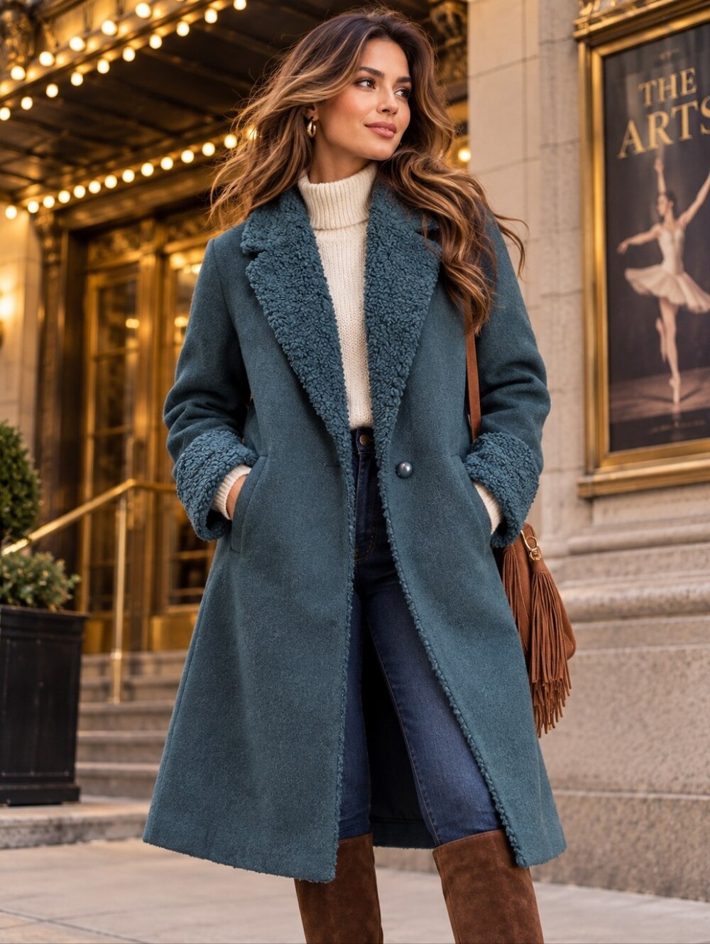 Hutch Anthopologie womens Long green boucle Sherpa trim coat Large New NWT